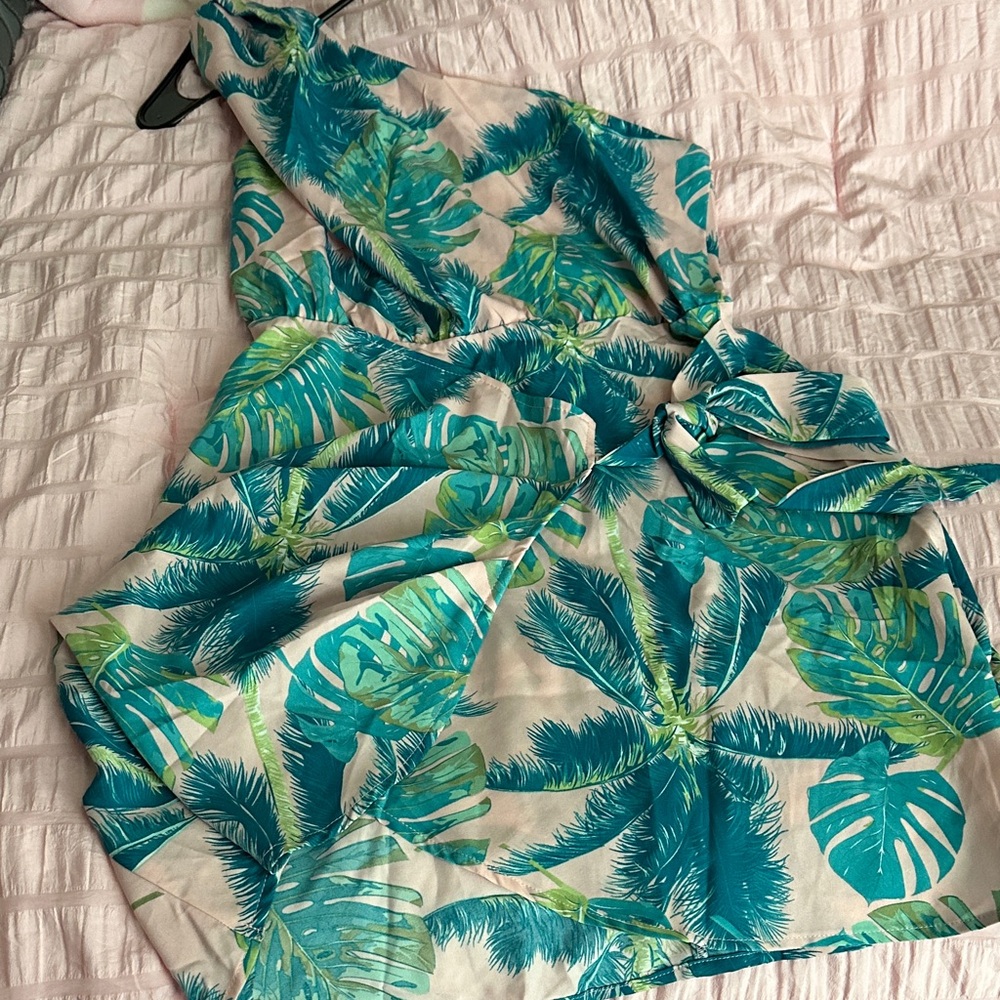 Cupshe Tropical Leaf Print Dress in Pink and Teal